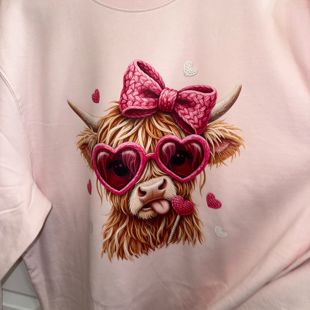 Size XL Pre Made Pink Highland Cow Sweatshirt Fleece Lined Valentines Sweatshirt - Picture 2 of 3